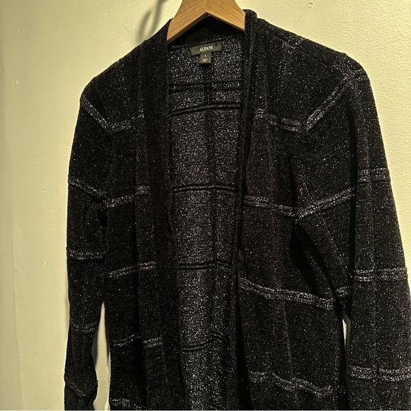 Alfani Women’s Black Silver Shine Windowpane Open Front Long Cardigan Size Large - Picture 5 of 8